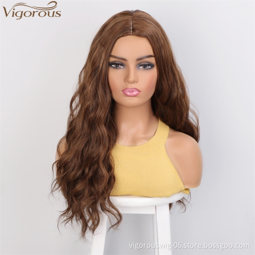 Vigorous Top Quality Dark Brown Mixed Light Auburn Long Wavy Wig Middle Part Synthetic Wigs For Black Women Wholesale Price